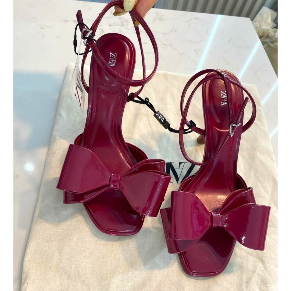 Zara NWT Red Patent Bow Strappy High Heel Sandals Size 8 - Picture 11 of 16